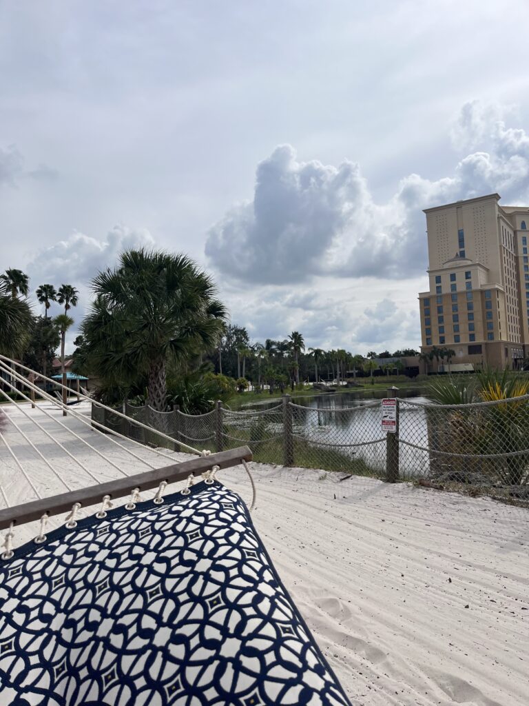 My cozy hammock on the beach in the Cabanas section of Coronado Springs. Photo by Chris Barry.