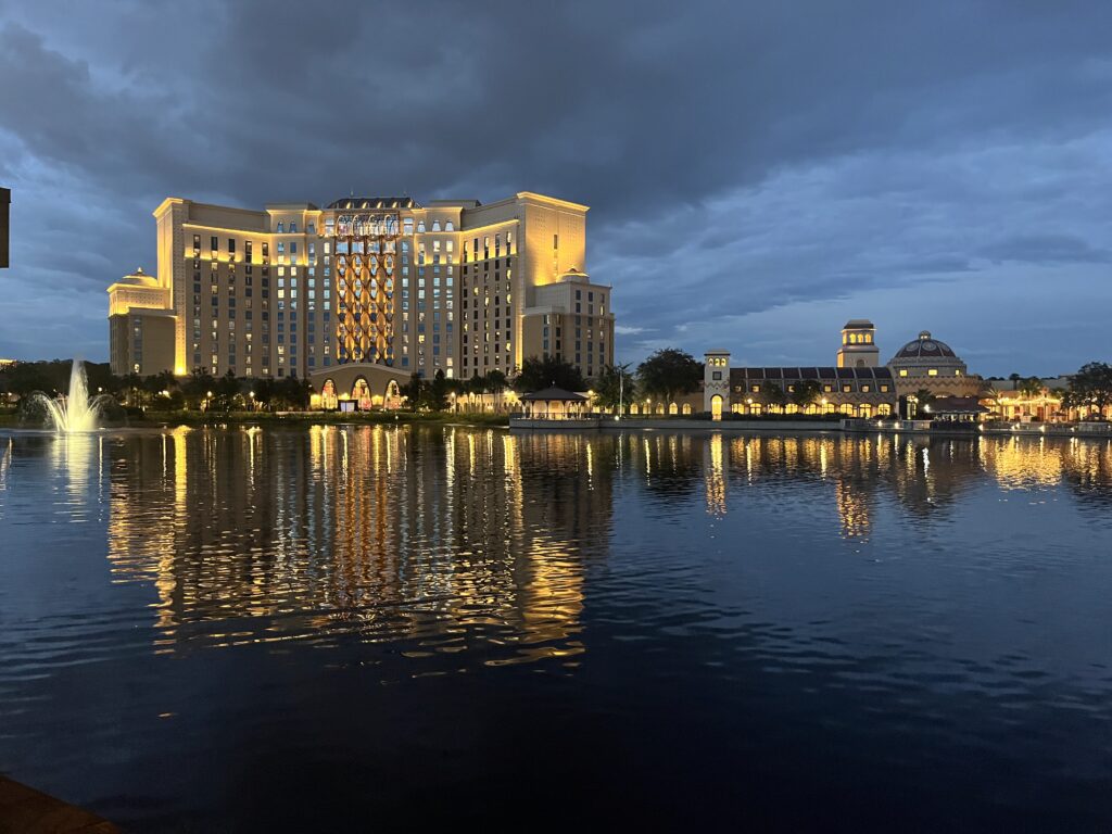 The stunning view of Gran Destino Tower from across Lago Dorado at night. Photo by Chris Barry