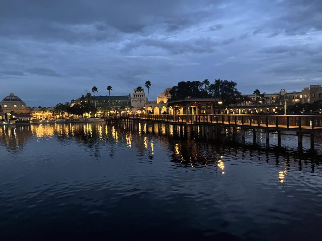 El Centro, one of the three bridges, and the Casitas section of the resort at night. Photo by Chris Barry.
